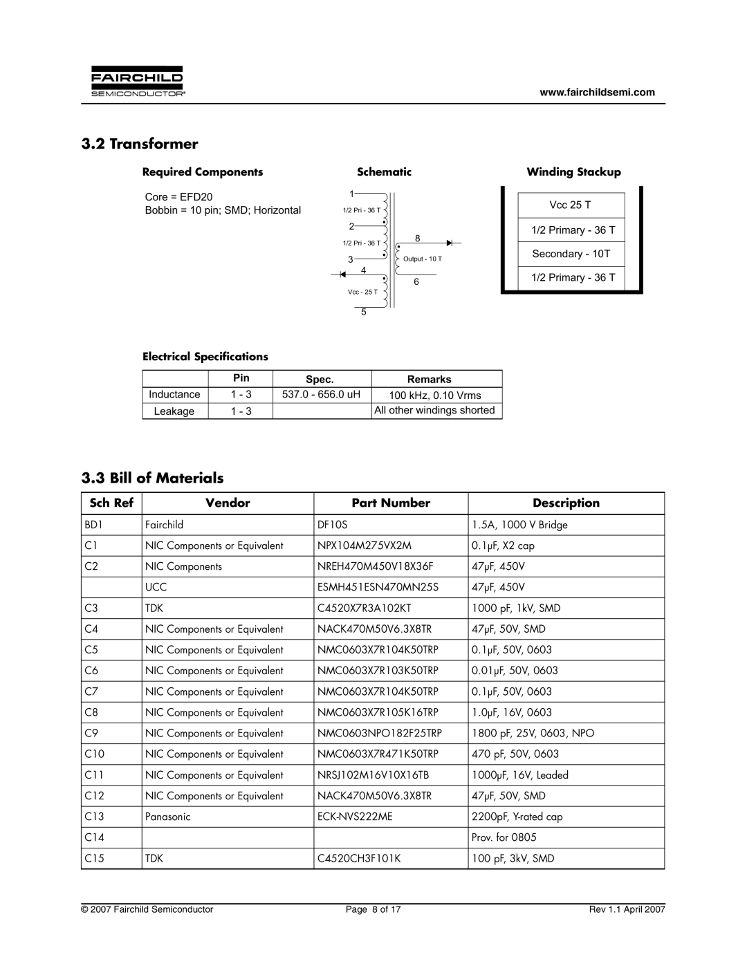 Fairchild FEB157-001 manual Transformer, Bill of Materials 