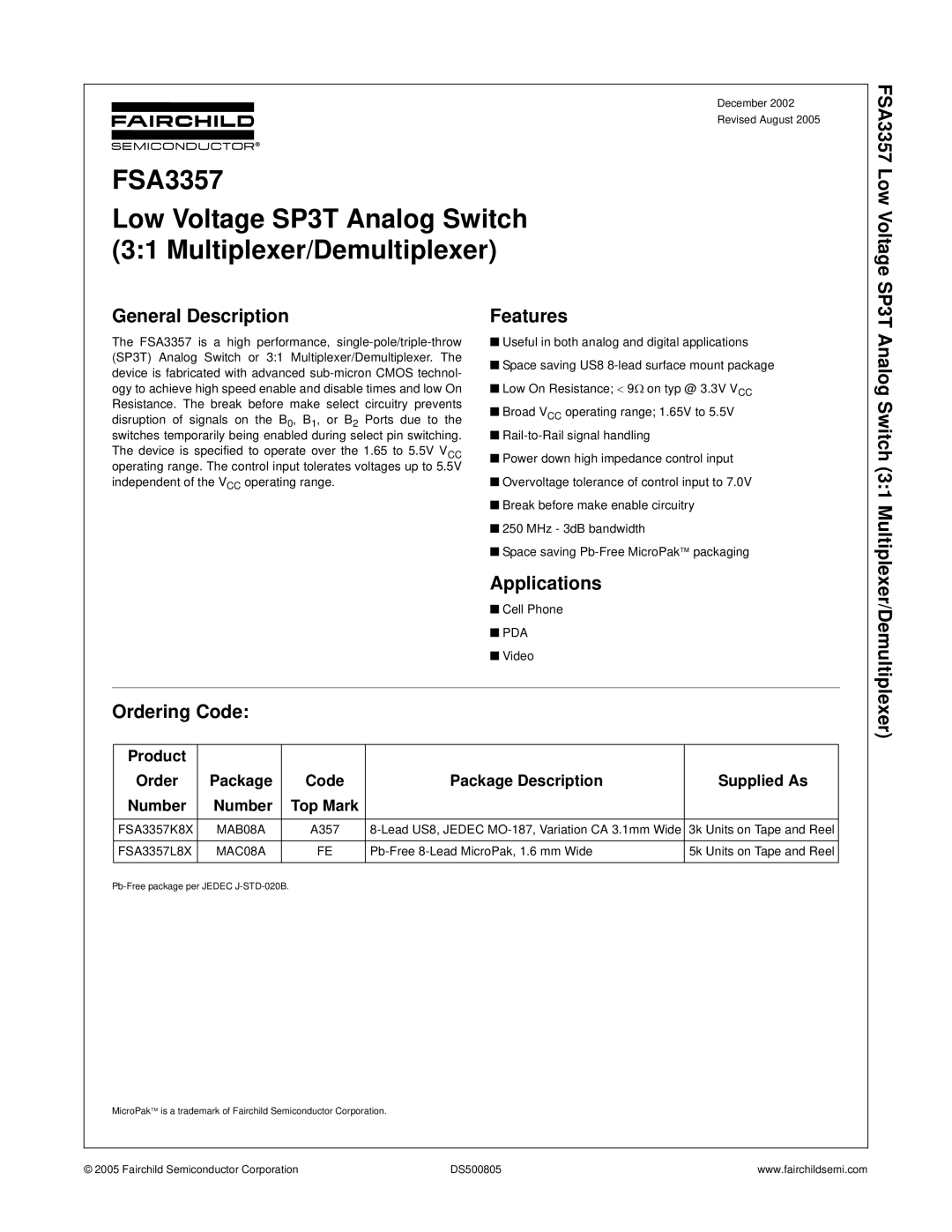 Fairchild FSA3357 manual General Description Features, Applications, Ordering Code, Pda, MAC08A 