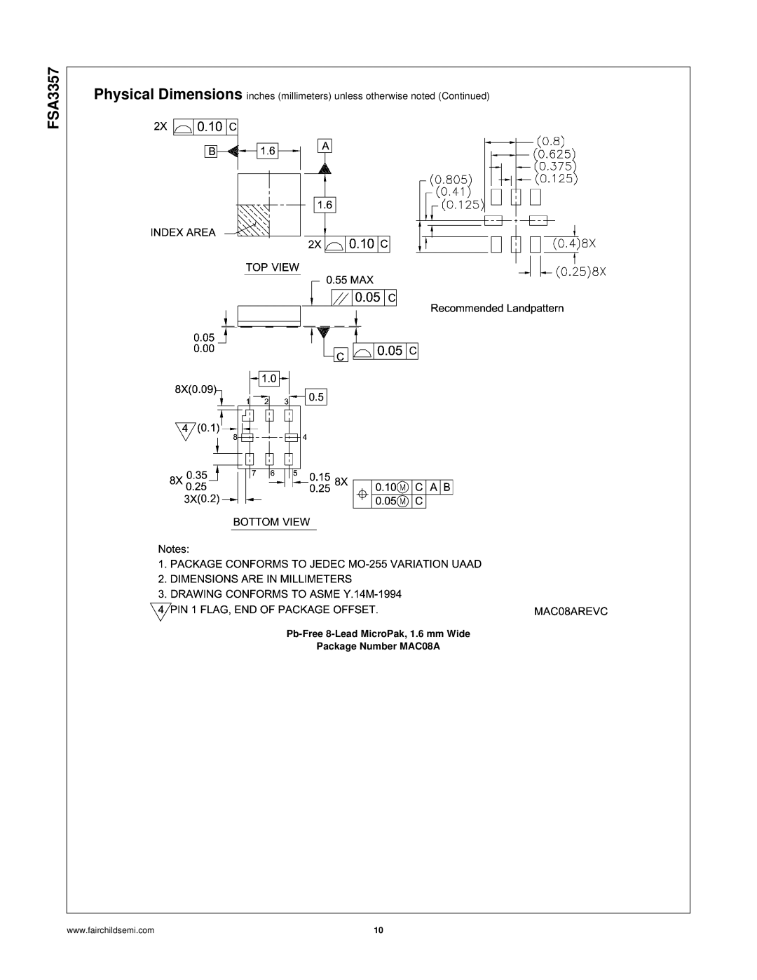 Fairchild FSA3357 manual Pb-Free 8-Lead MicroPak, 1.6 mm Wide Package Number MAC08A 