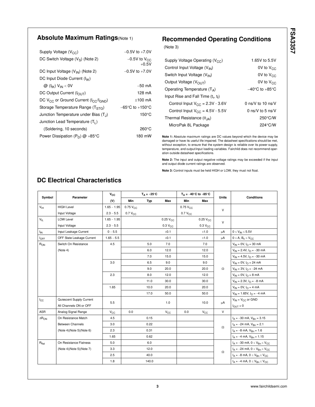 Fairchild FSA3357 manual Absolute Maximum RatingsNote 