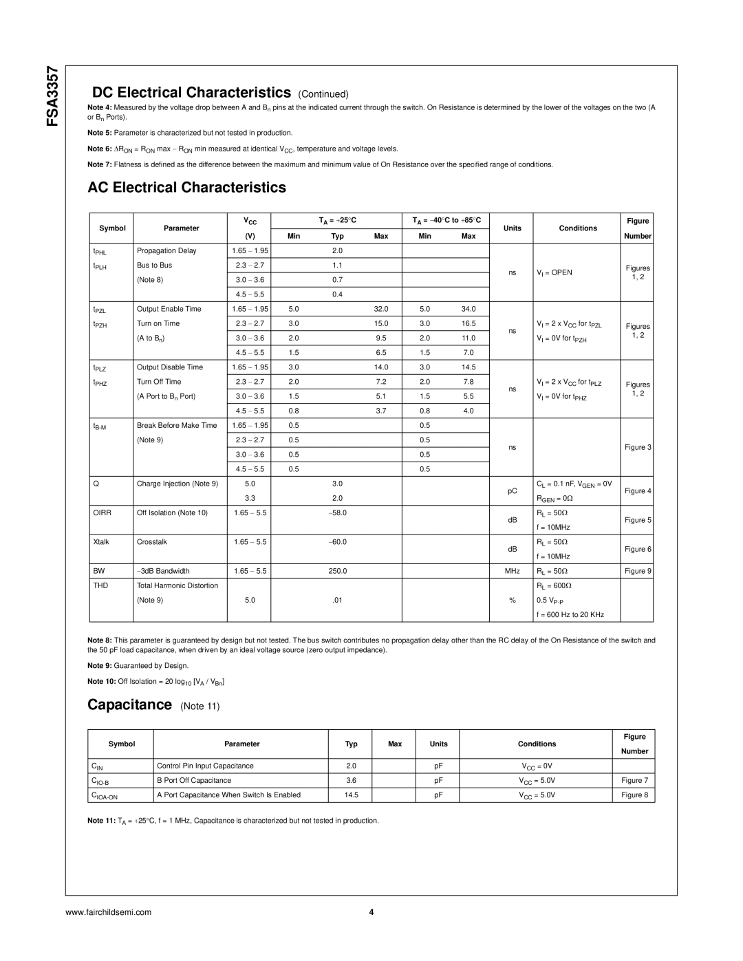 Fairchild FSA3357 manual Capacitance Note, = 25 C = 40 C to 85 C Units Conditions Min Typ Max Number 