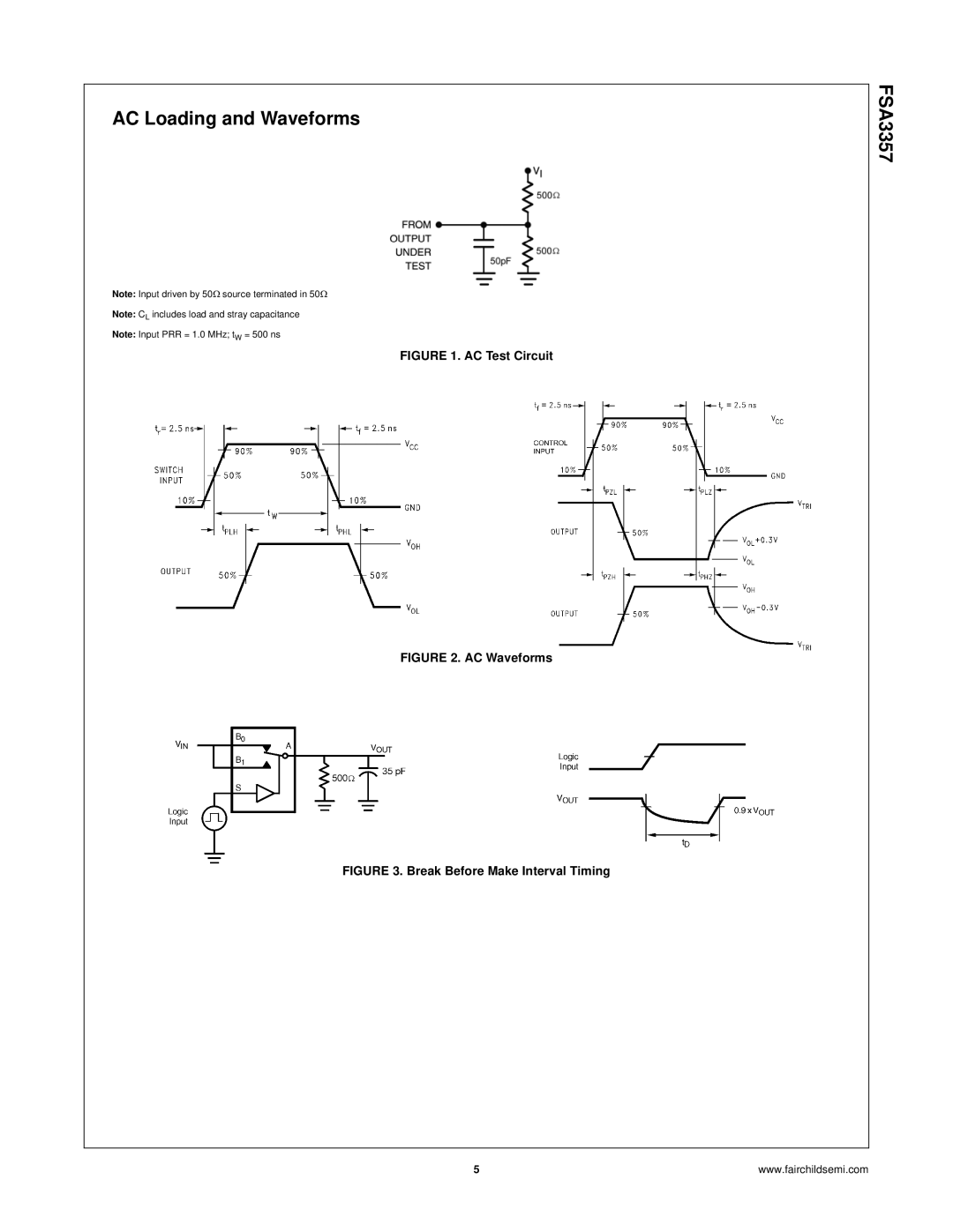 Fairchild FSA3357 manual AC Loading and Waveforms, AC Test Circuit 