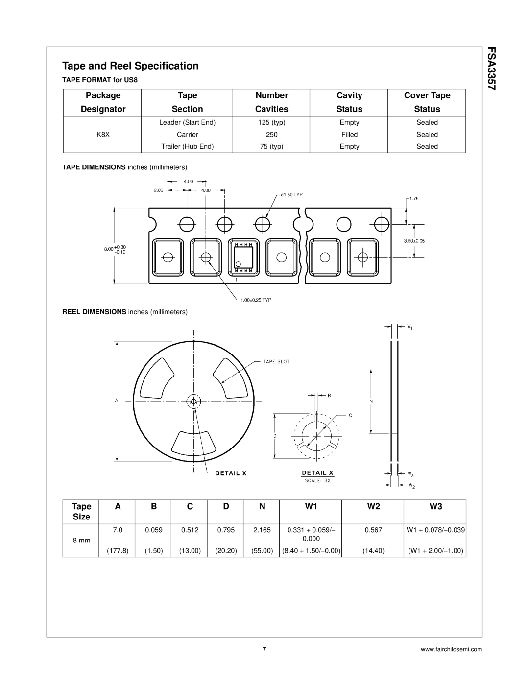 Fairchild FSA3357 manual Tape and Reel Specification, K8X 