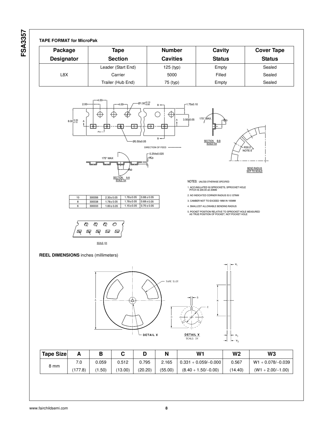 Fairchild FSA3357 manual Tape Size, L8X 