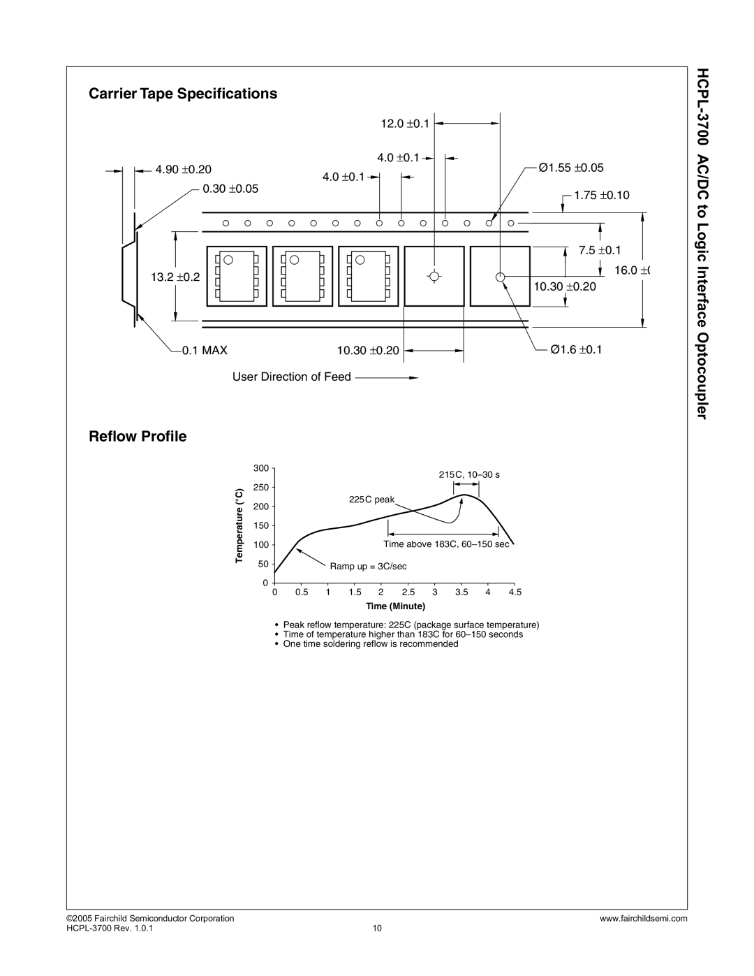 Fairchild HCPL-3700 manual Carrier Tape Speciﬁcations, Reﬂow Proﬁle 