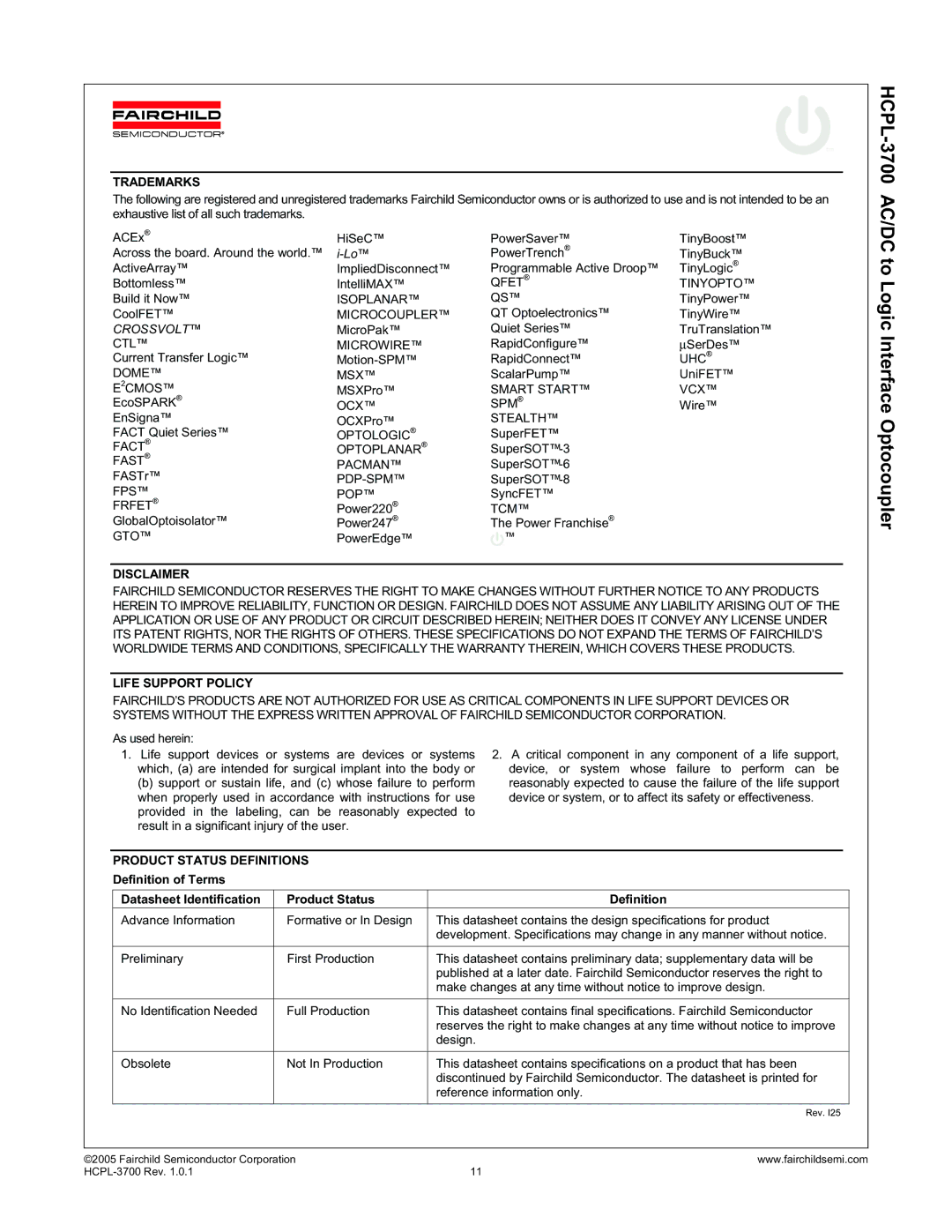 Fairchild HCPL-3700 manual To Logic Interface Optocoupler, Trademarks 