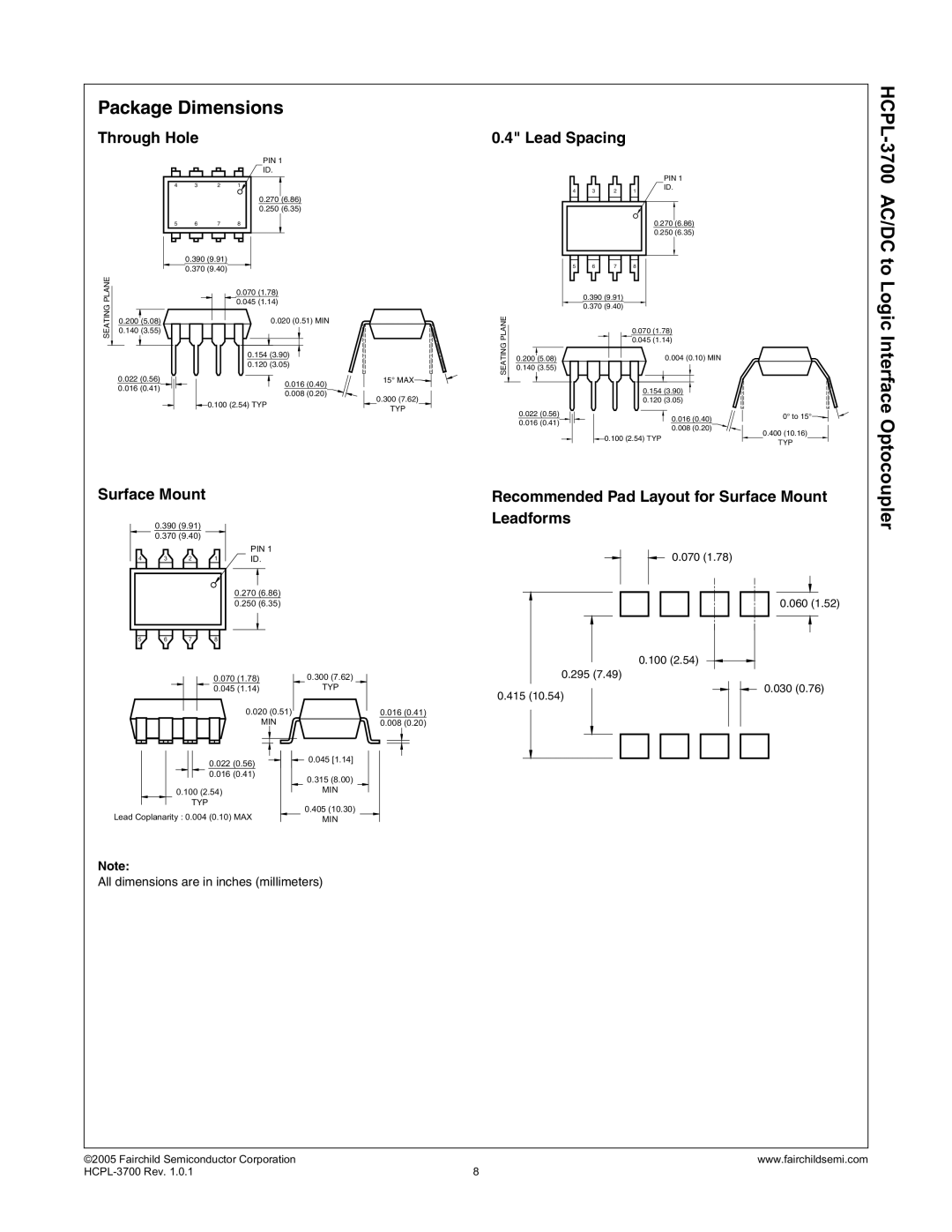 Fairchild HCPL-3700 manual Package Dimensions, 3700 AC/DC, Through Hole Lead Spacing, Surface Mount 