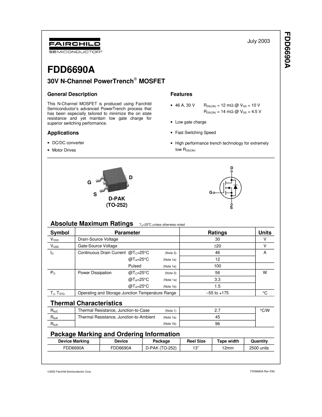 Fairchild FDD6690A, MOSFET manual 30V N-Channel PowerTrench Mosfet, Thermal Characteristics 