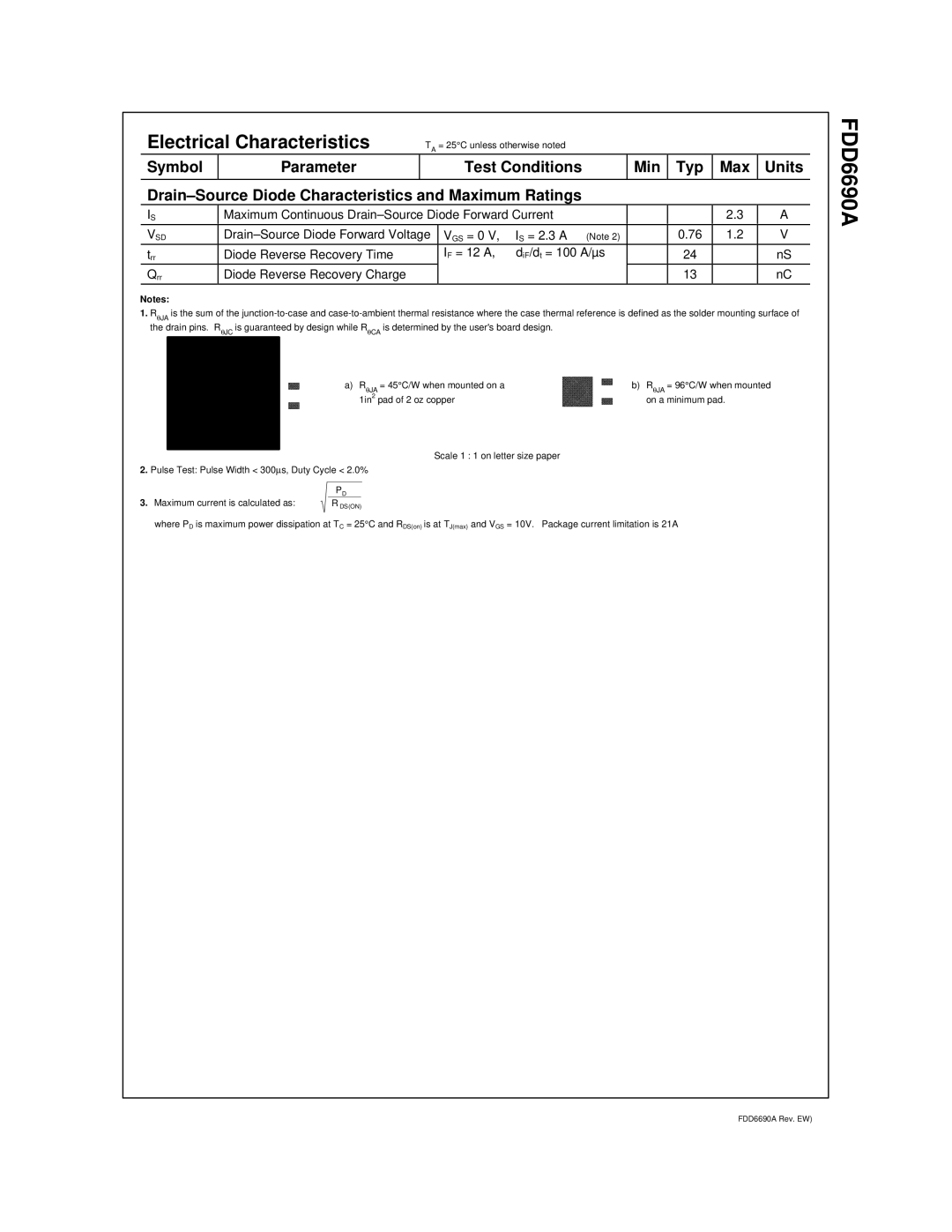 Fairchild FDD6690A manual Symbol Parameter Test Conditions Min Typ, Drain-Source Diode Characteristics and Maximum Ratings 