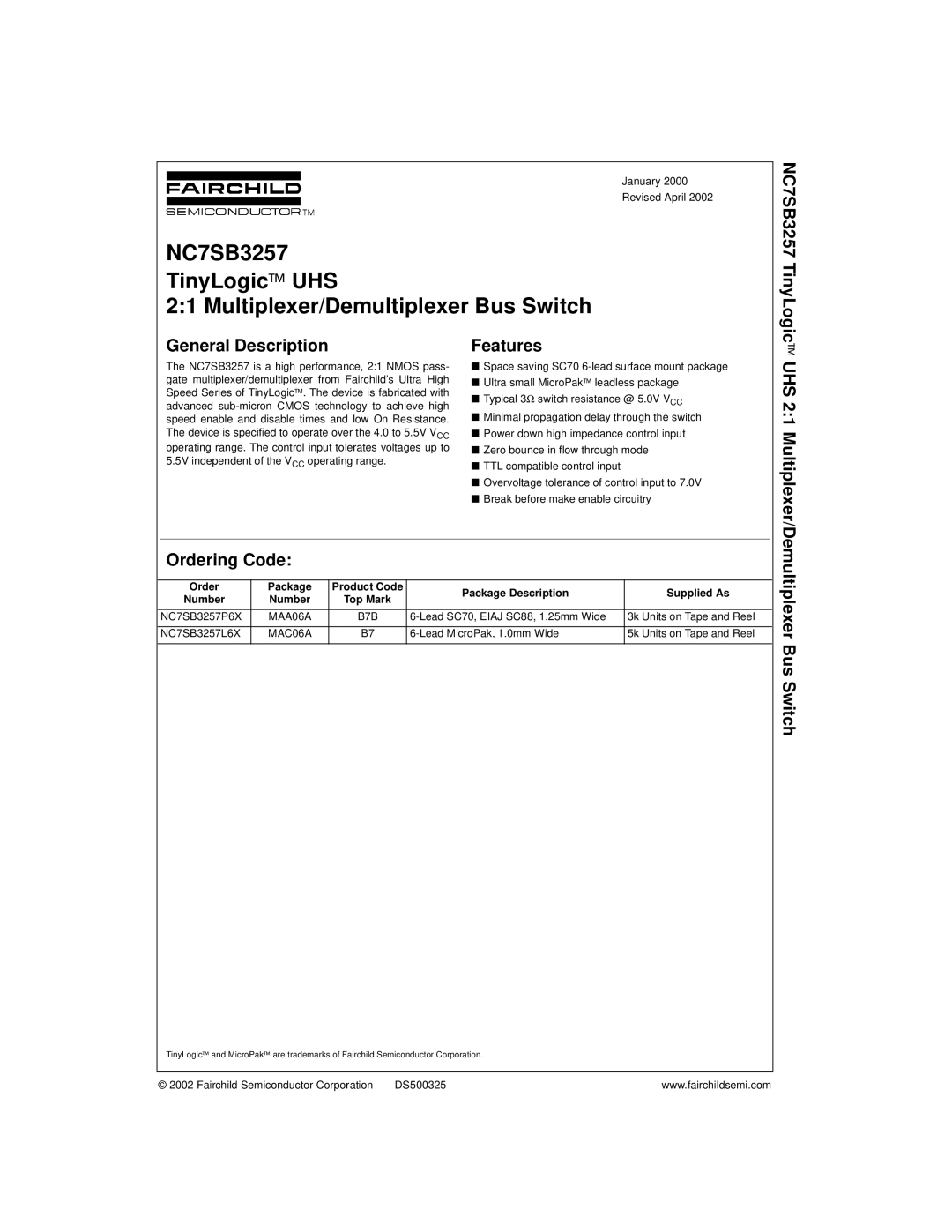 Fairchild NC7SB3257 manual General Description, Features, Ordering Code, Bus Switch 