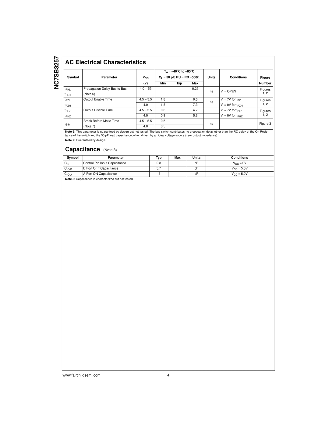 Fairchild manual NC7SB3257 AC Electrical Characteristics, Capacitance Note 