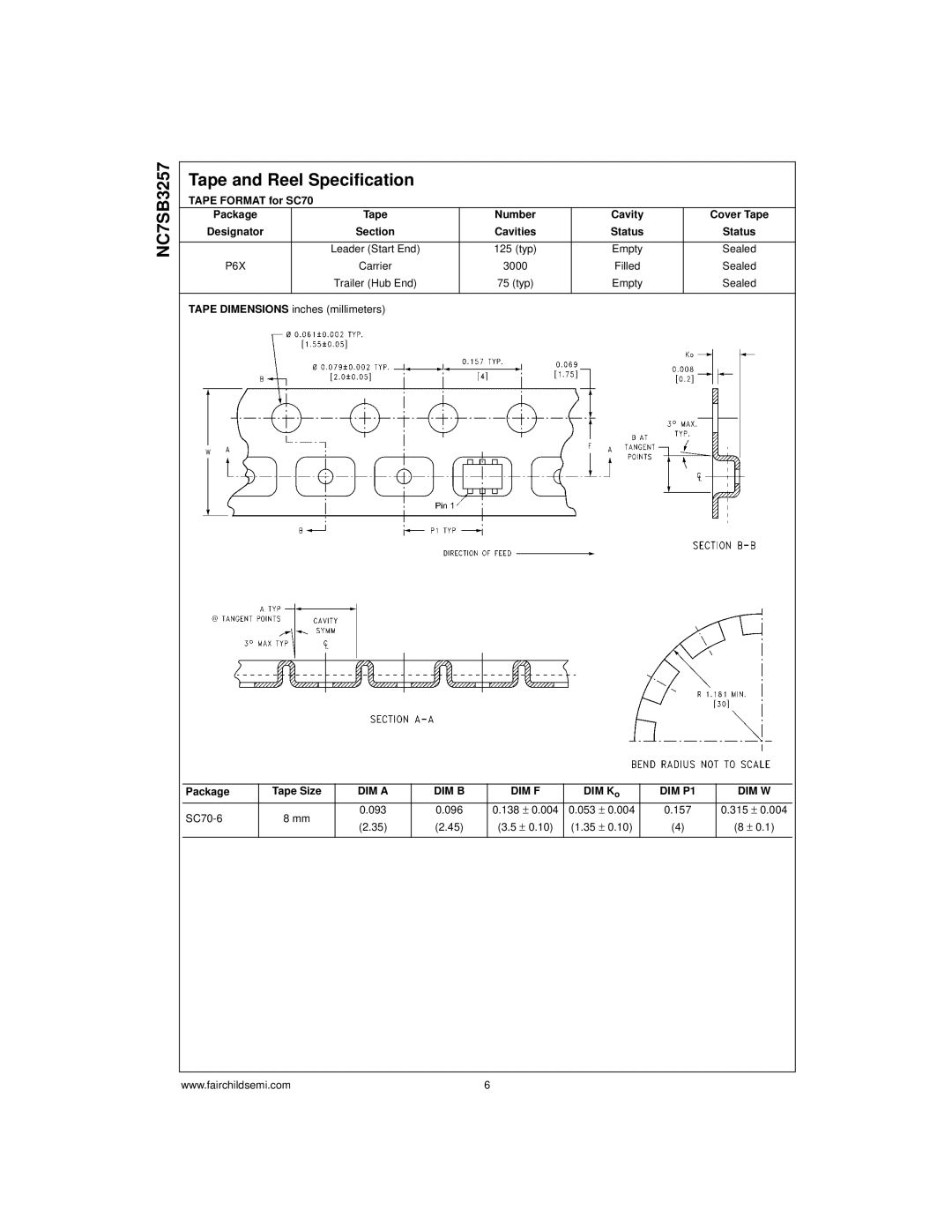 Fairchild manual NC7SB3257 Tape and Reel Specification, P6X 