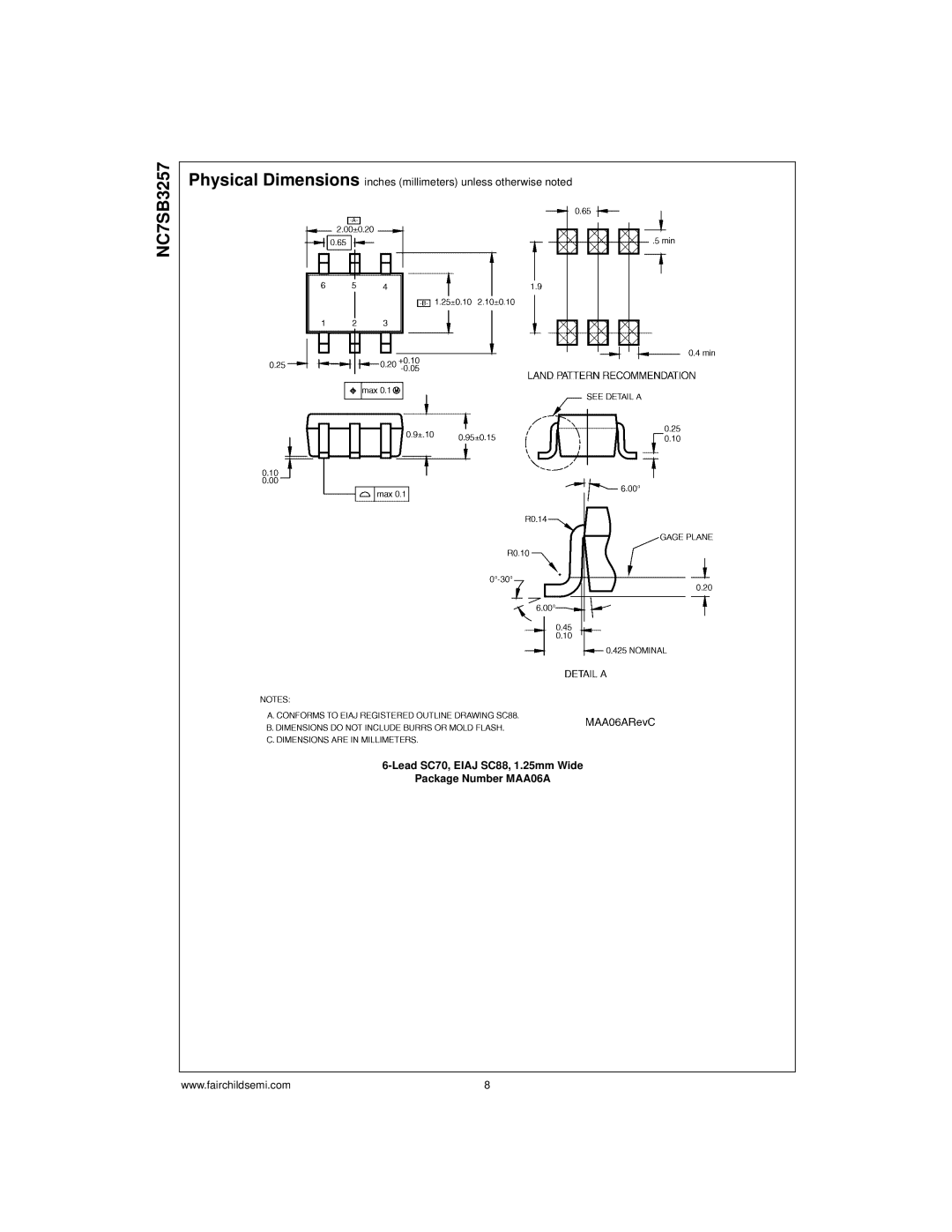 Fairchild NC7SB3257 manual Lead SC70, Eiaj SC88, 1.25mm Wide Package Number MAA06A 