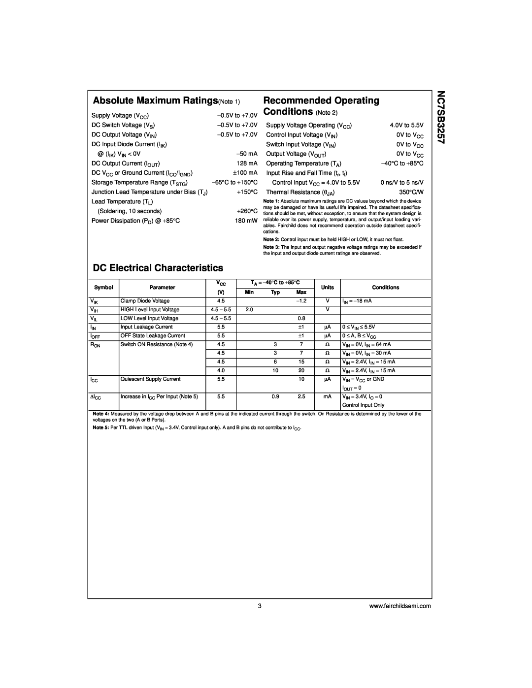 Fairchild NC7SB3257 Absolute Maximum RatingsNote, DC Electrical Characteristics, Recommended Operating Conditions Note 