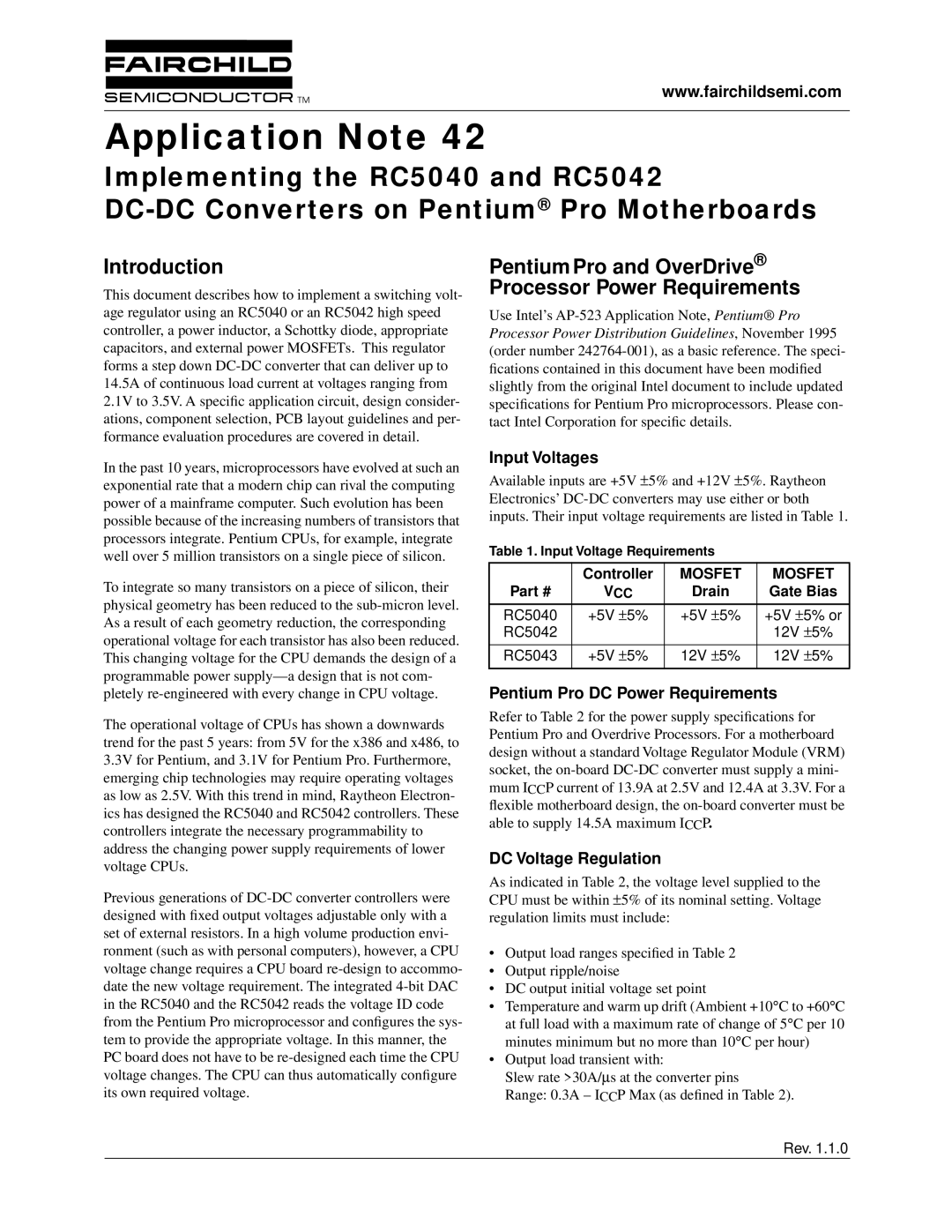 Fairchild RC5040 specifications Introduction, Input Voltages, Pentium Pro DC Power Requirements, DC Voltage Regulation 