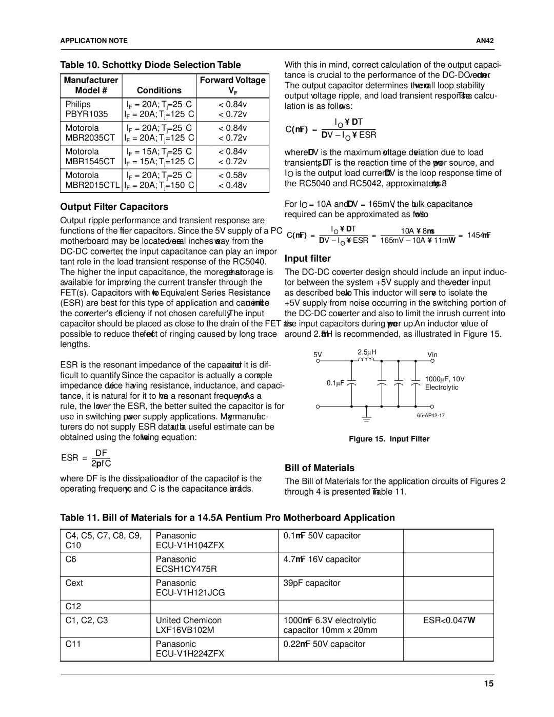 Fairchild RC5040, RC5042 Schottky Diode Selection Table, Output Filter Capacitors, Input ﬁlter, Bill of Materials 