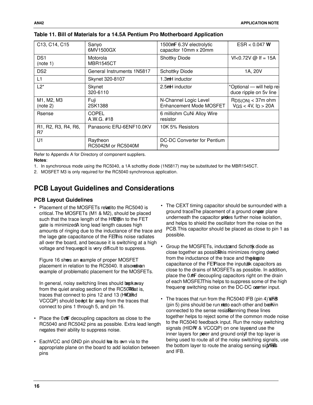 Fairchild RC5042, RC5040 specifications PCB Layout Guidelines and Considerations, Motorola Shottky Diode, 320-6110, Rsense 