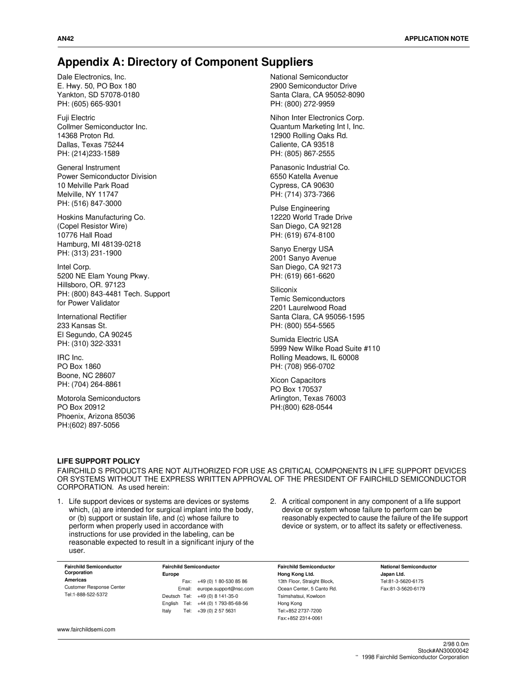 Fairchild RC5042, RC5040 specifications Appendix a Directory of Component Suppliers, Life Support Policy 