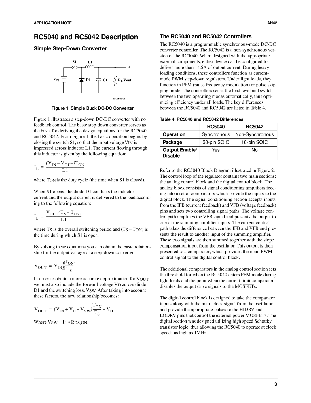 Fairchild specifications RC5040 and RC5042 Description, Simple Step-Down Converter, RC5040 and RC5042 Controllers 