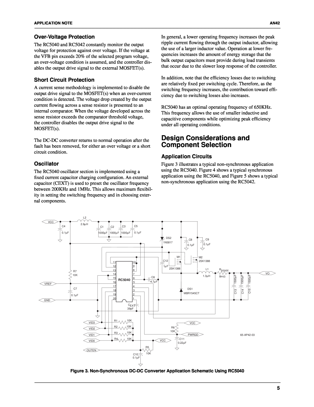 Fairchild RC5040, RC5042 Design Considerations and Component Selection, Over-Voltage Protection, Short Circuit Protection 
