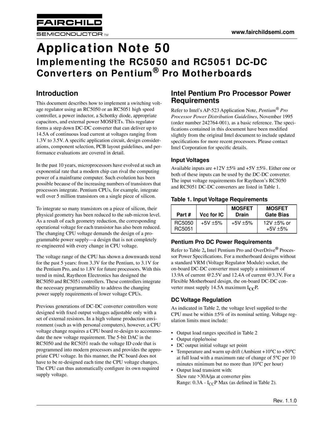 Fairchild RC5051, RC5050 specifications Introduction, Intel Pentium Pro Processor Power Requirements 