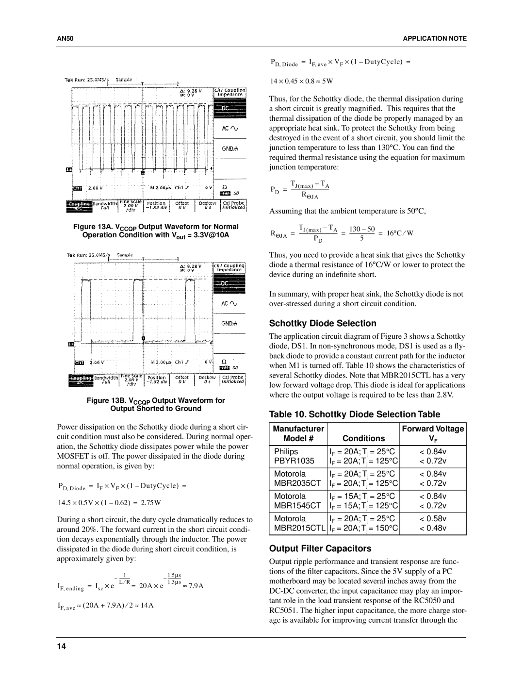 Fairchild RC5050, RC5051 Schottky Diode Selection Table, Output Filter Capacitors, Manufacturer, Model # Conditions 