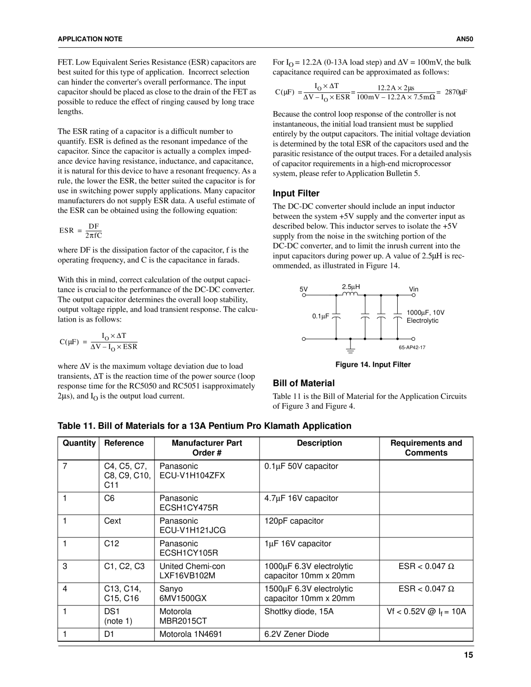 Fairchild RC5051, RC5050 specifications Input Filter, Bill of Materials for a 13A Pentium Pro Klamath Application 