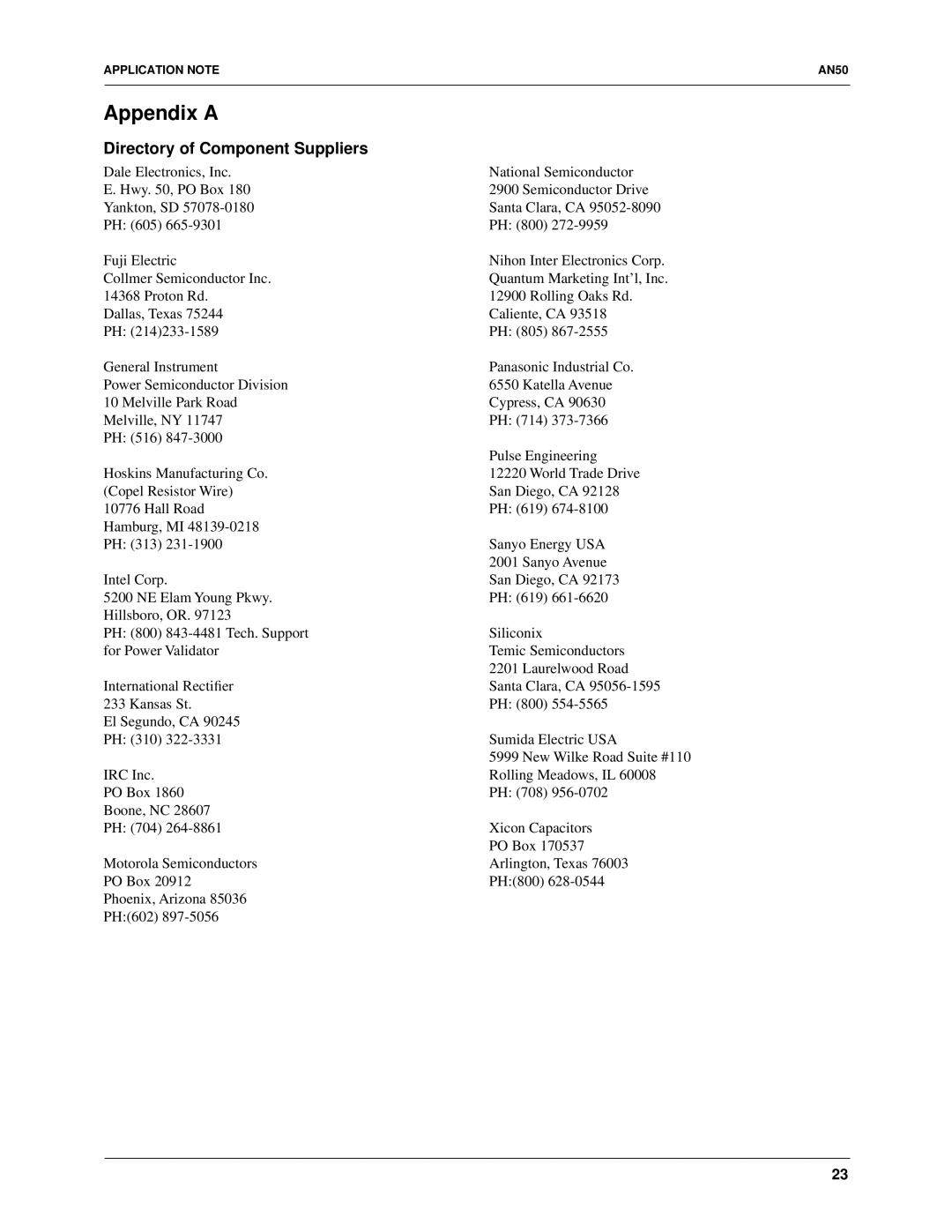 Fairchild RC5051, RC5050 specifications Appendix a, Directory of Component Suppliers 