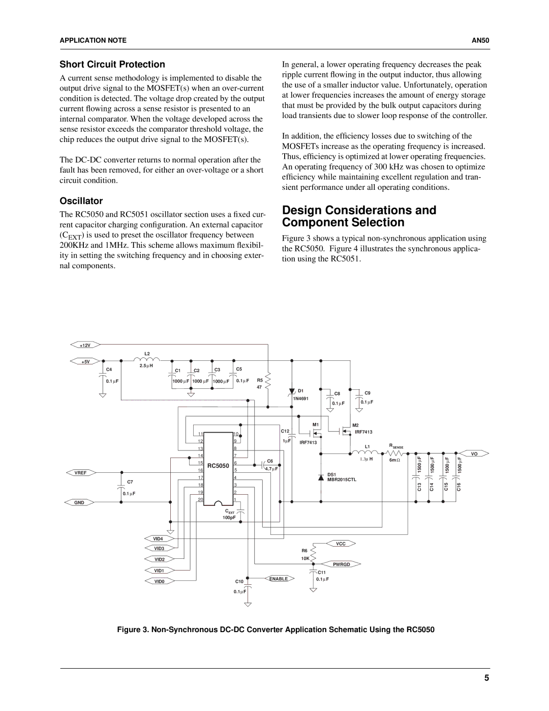 Fairchild RC5051, RC5050 specifications Design Considerations and Component Selection, Short Circuit Protection, Oscillator 