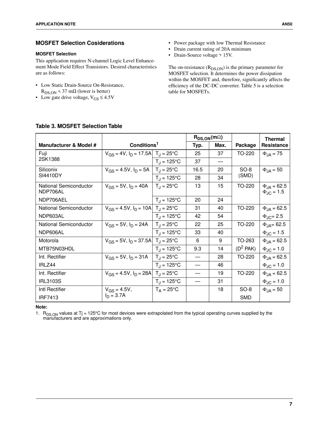 Fairchild RC5051, RC5050 specifications Mosfet Selection Cosiderations, Mosfet Selection Table 