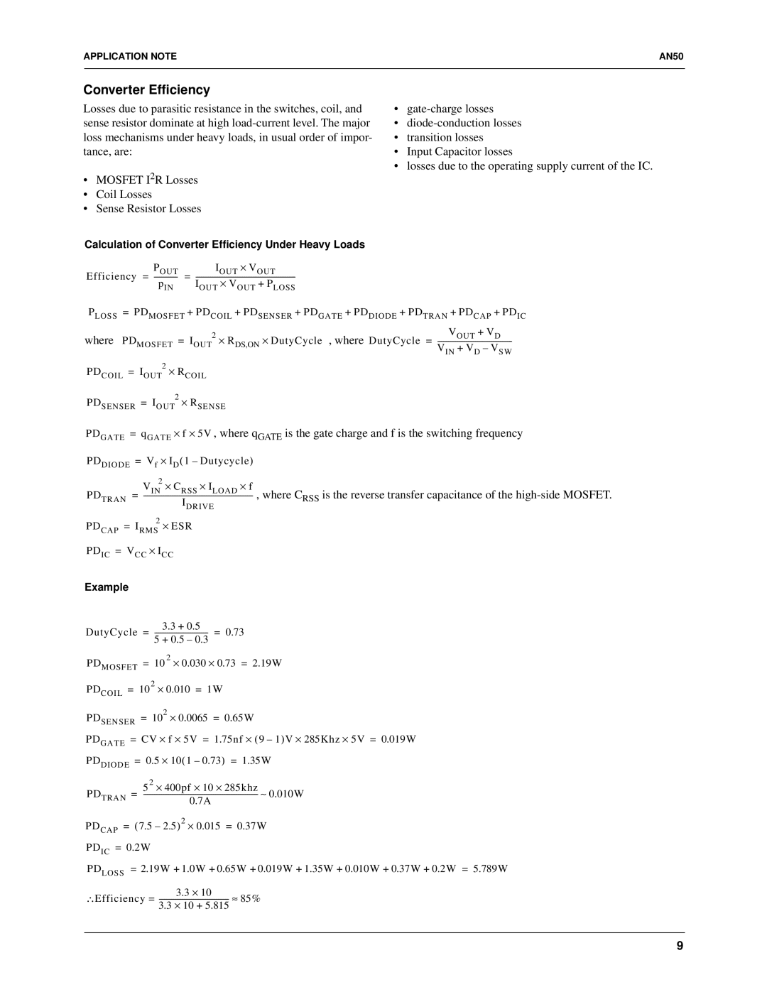 Fairchild RC5051, RC5050 specifications Calculation of Converter Efﬁciency Under Heavy Loads 