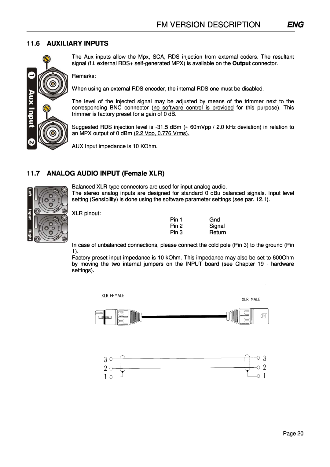 Falcon 15 manual Fm Version Description, 11.6AUXILIARY INPUTS, 11.7ANALOG AUDIO INPUT Female XLR 