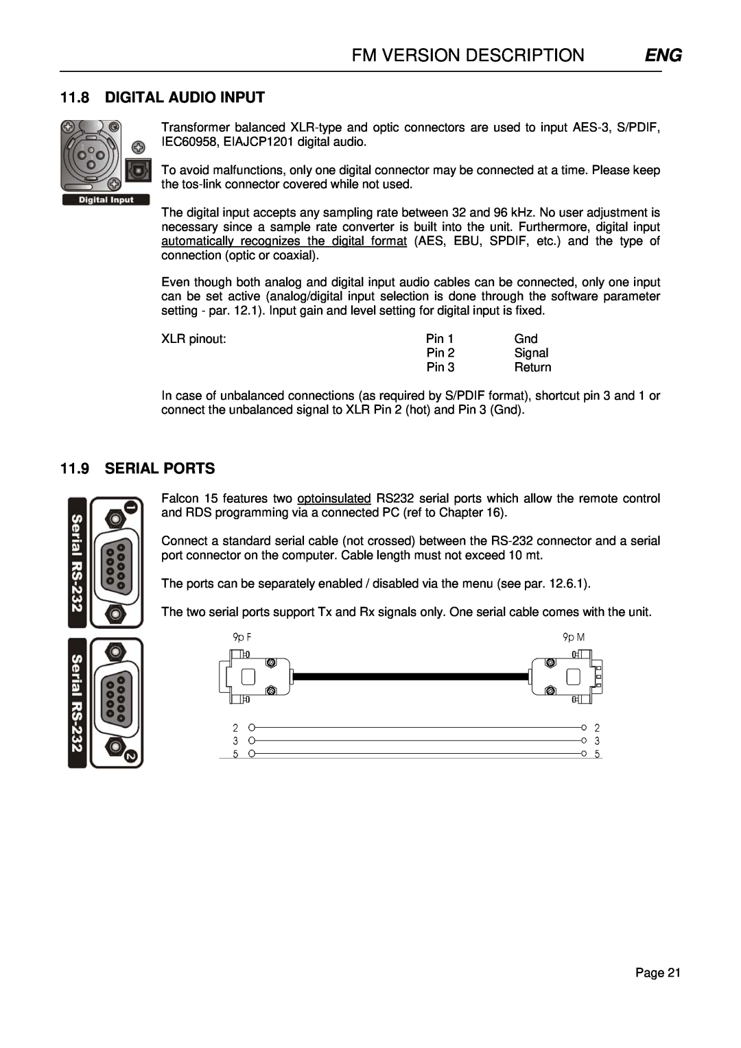 Falcon 15 manual Fm Version Description, 11.8DIGITAL AUDIO INPUT, 11.9SERIAL PORTS 