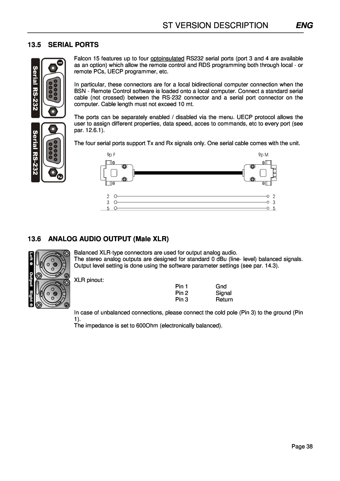 Falcon 15 manual St Version Description, 13.5SERIAL PORTS, 13.6ANALOG AUDIO OUTPUT Male XLR 