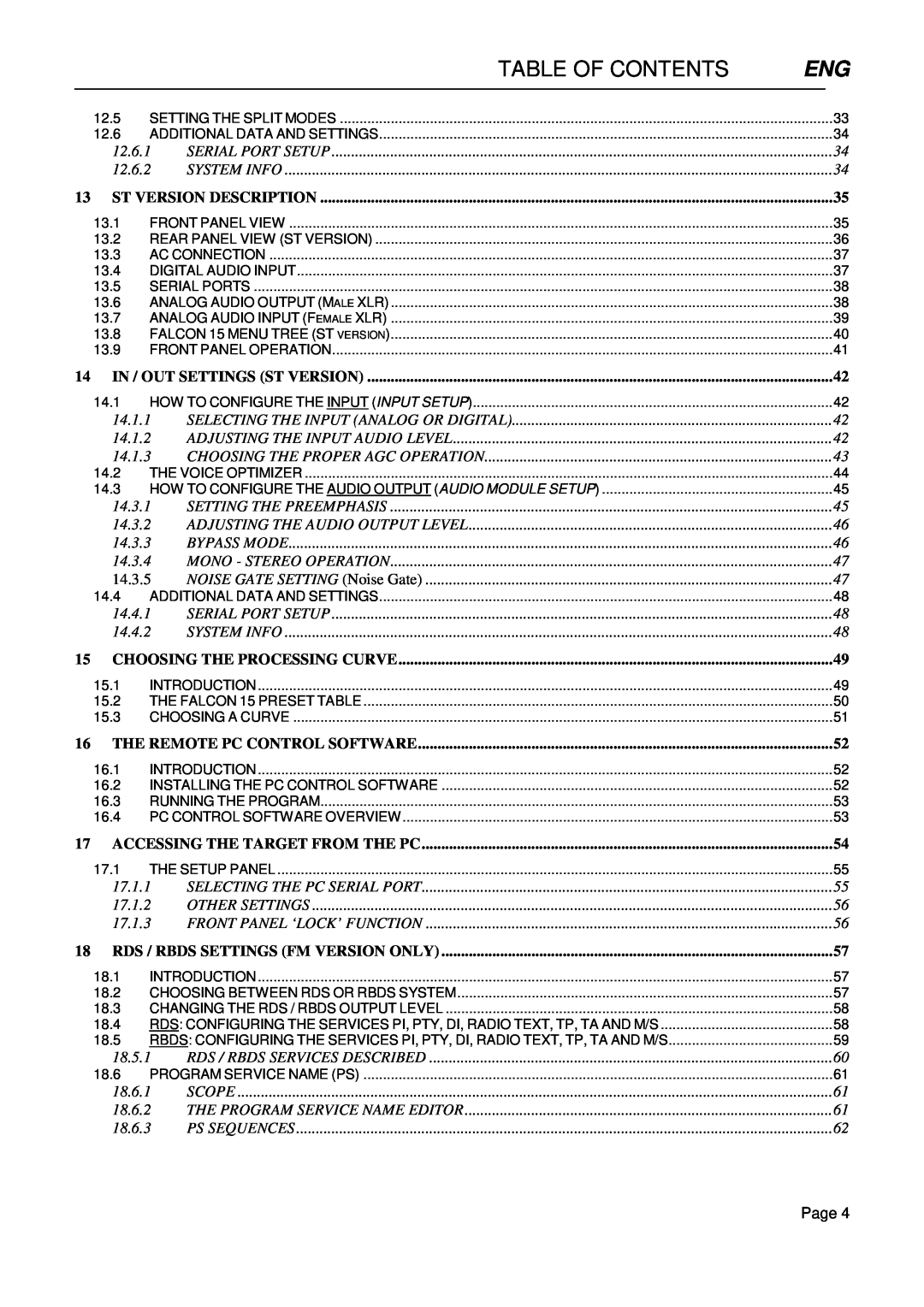 Falcon 15 manual Table Of Contents, St Version Description 