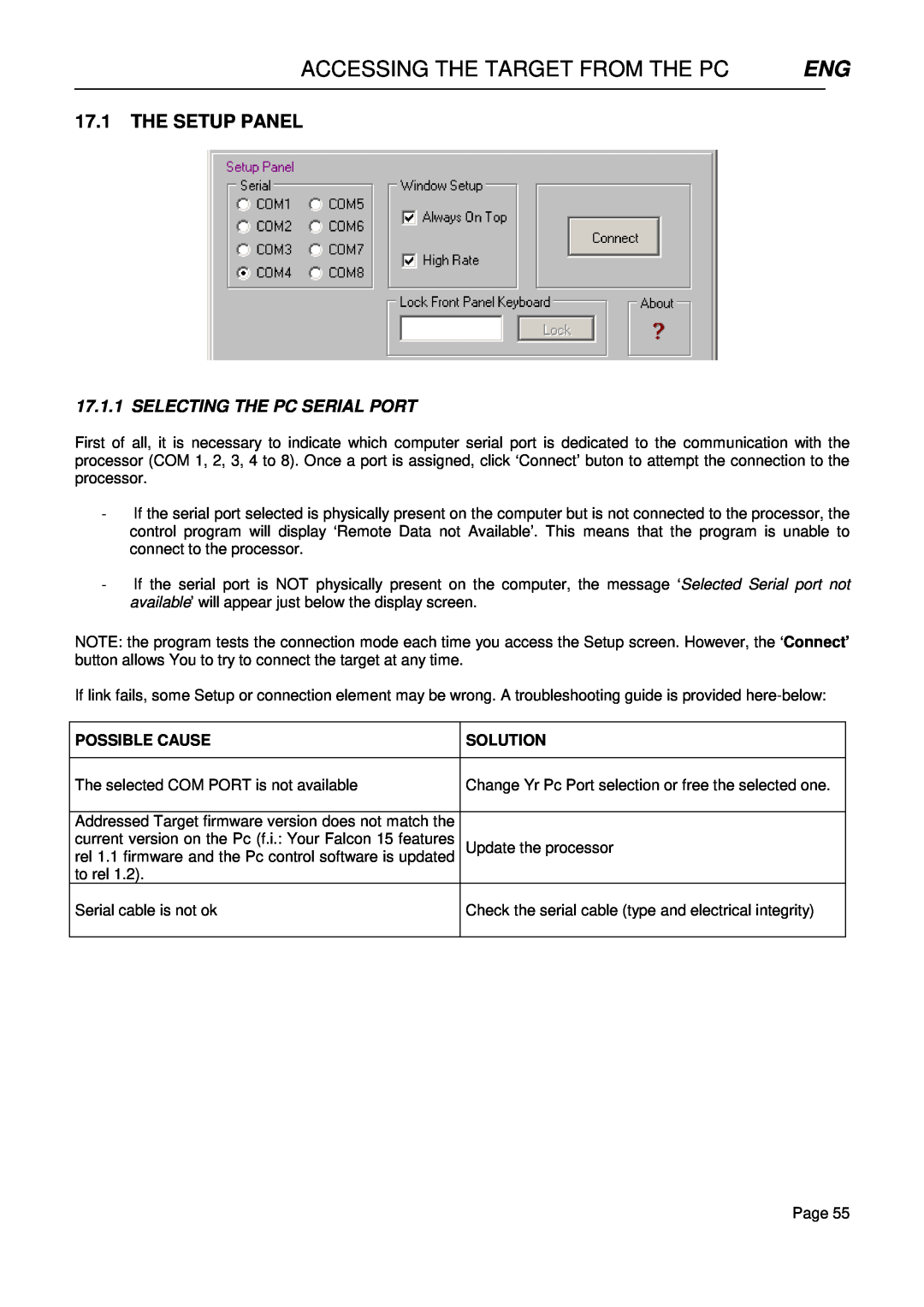Falcon 15 manual Accessing The Target From The Pc, 17.1THE SETUP PANEL, Selecting The Pc Serial Port 