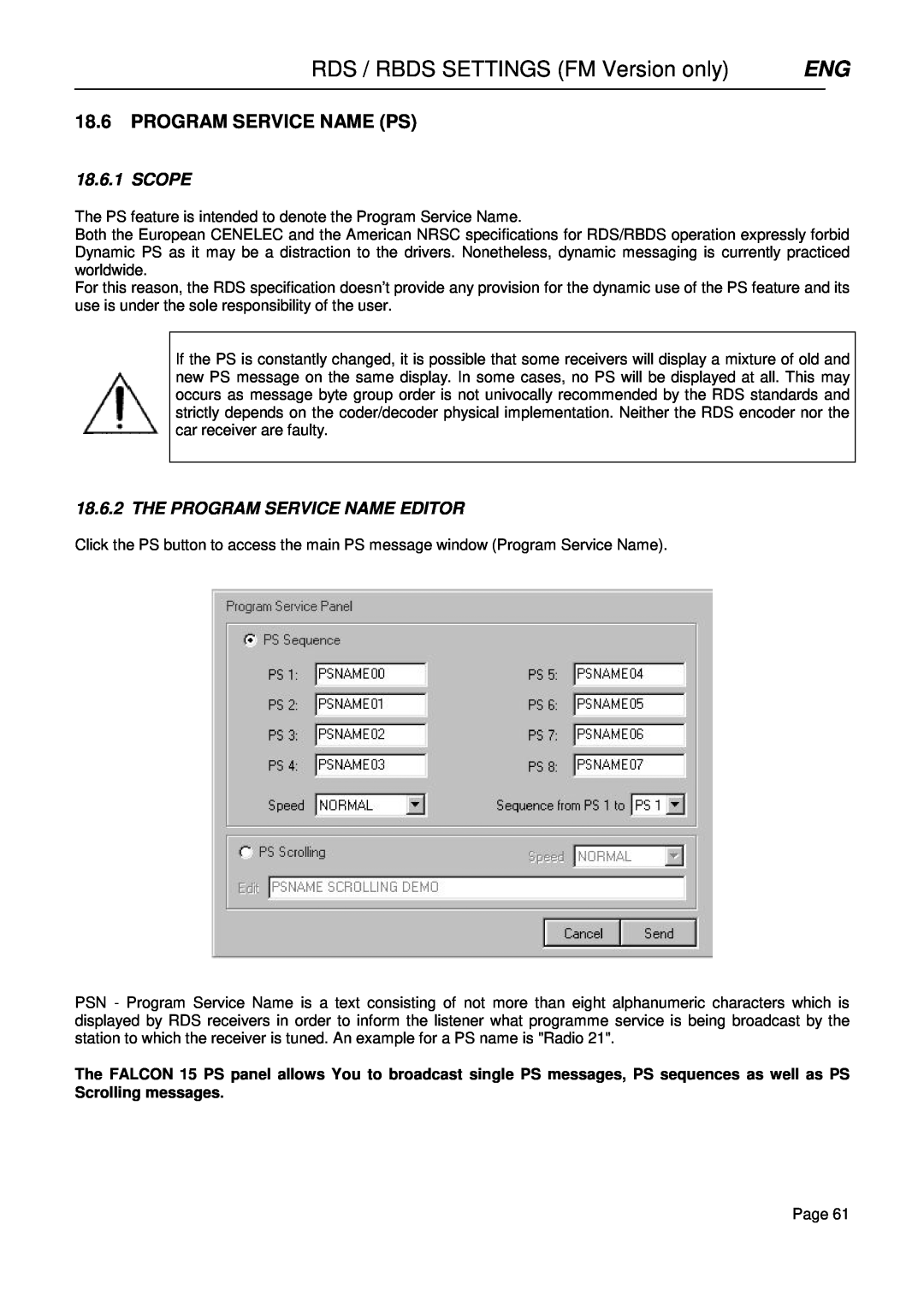 Falcon 15 manual RDS / RBDS SETTINGS FM Version only, 18.6PROGRAM SERVICE NAME PS, Scope, The Program Service Name Editor 