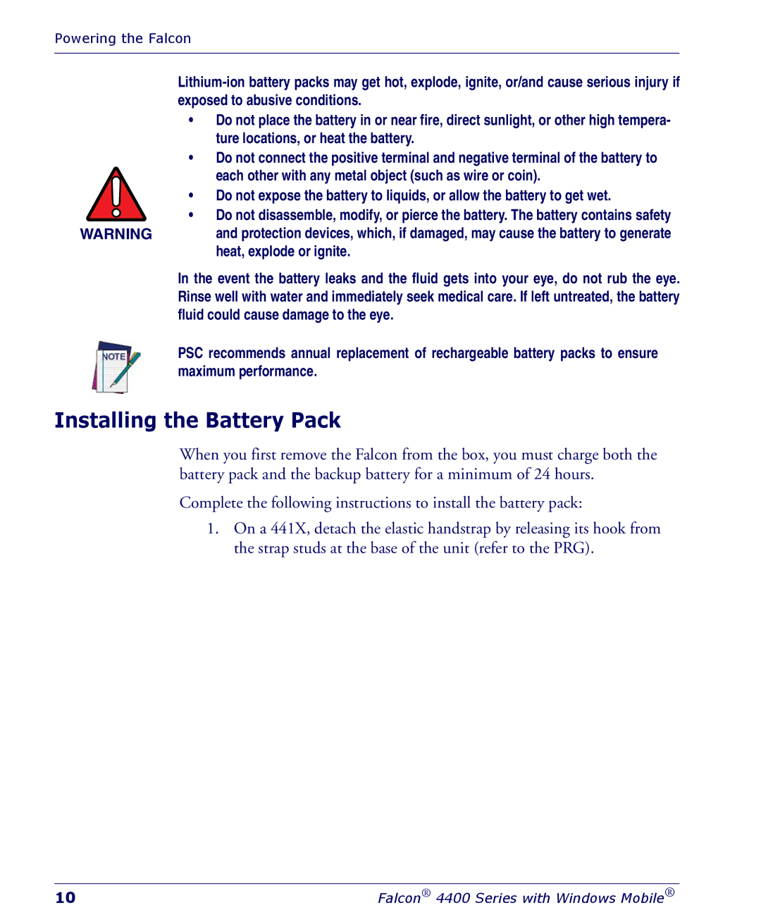 Falcon 4400 manual Installing the Battery Pack 