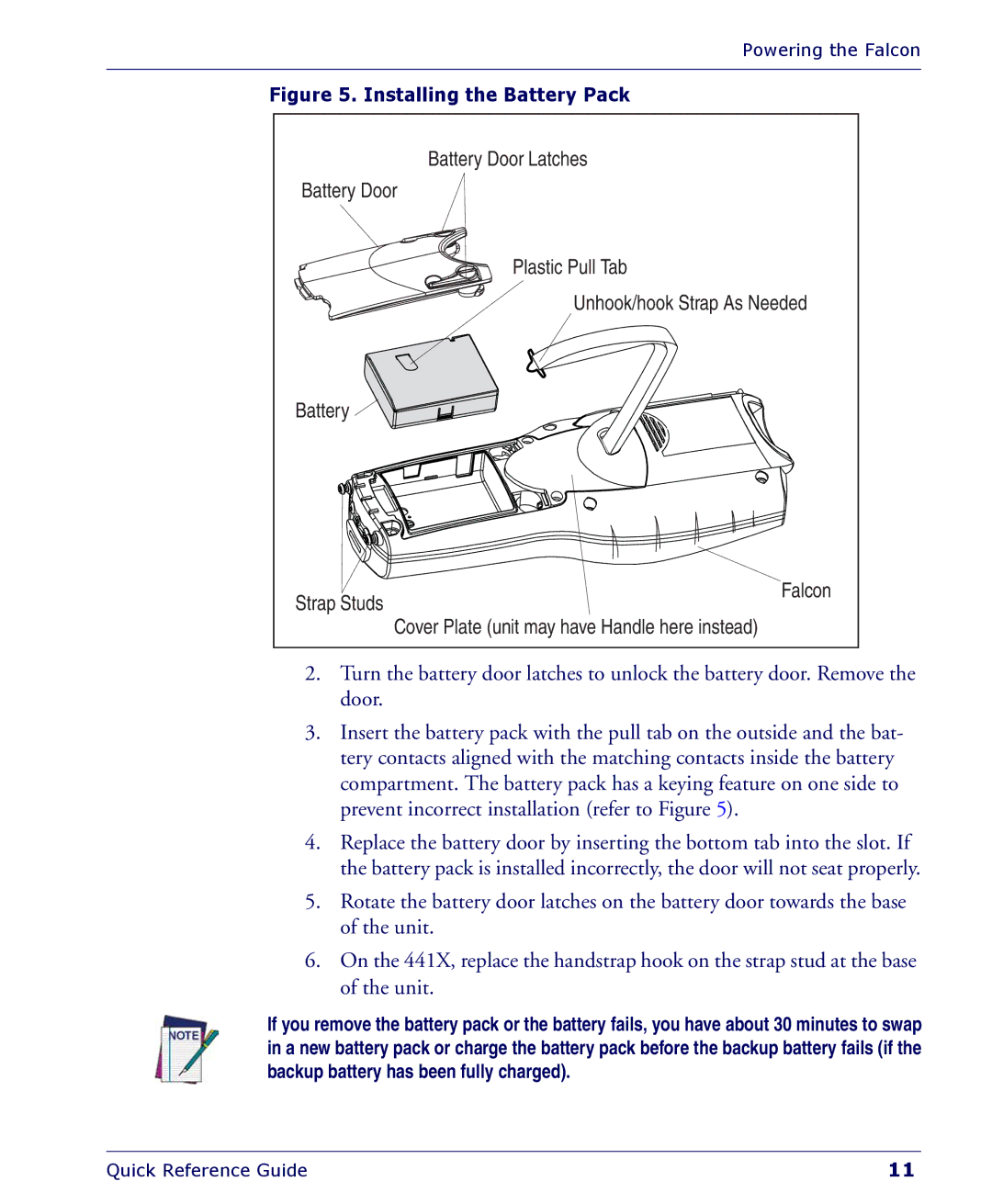 Falcon 4400 manual Installing the Battery Pack 