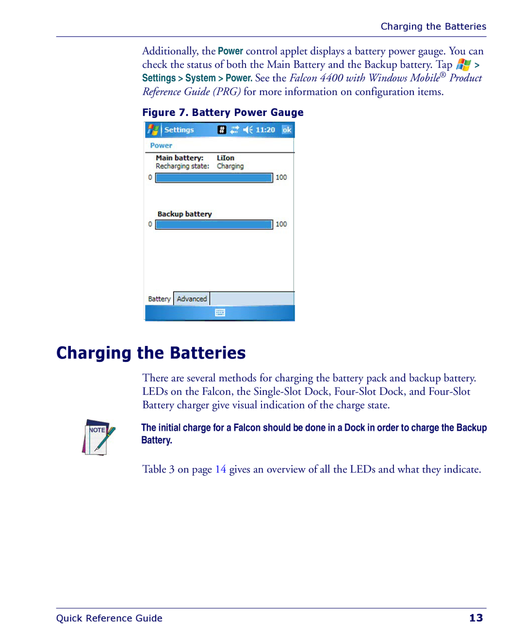 Falcon 4400 manual Charging the Batteries, Battery Power Gauge 