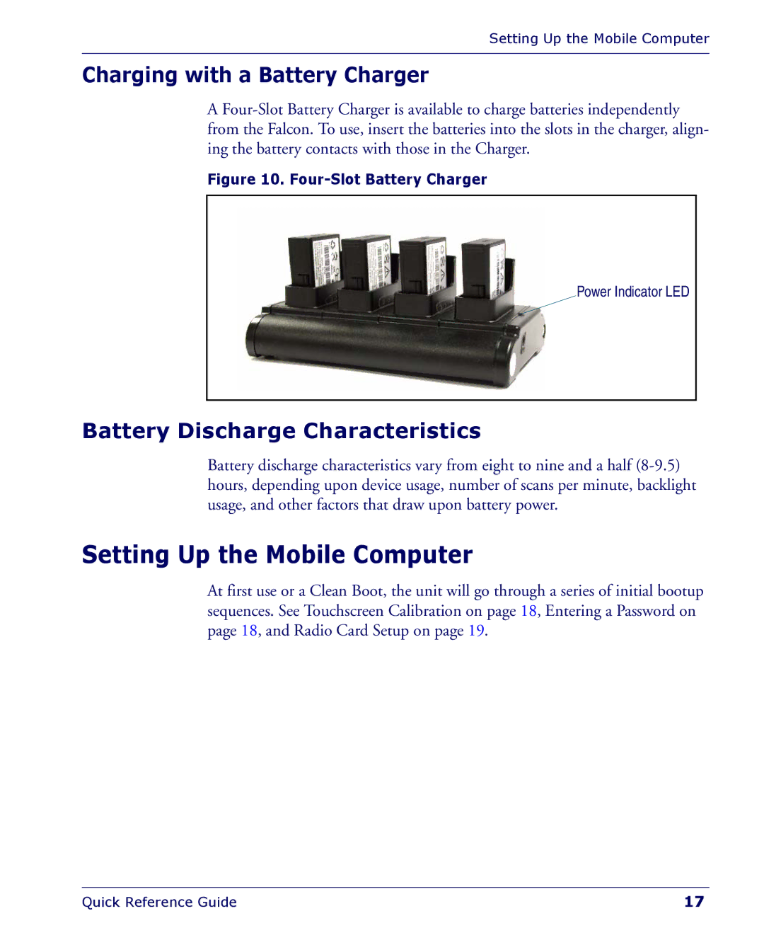 Falcon 4400 manual Setting Up the Mobile Computer, Charging with a Battery Charger, Battery Discharge Characteristics 