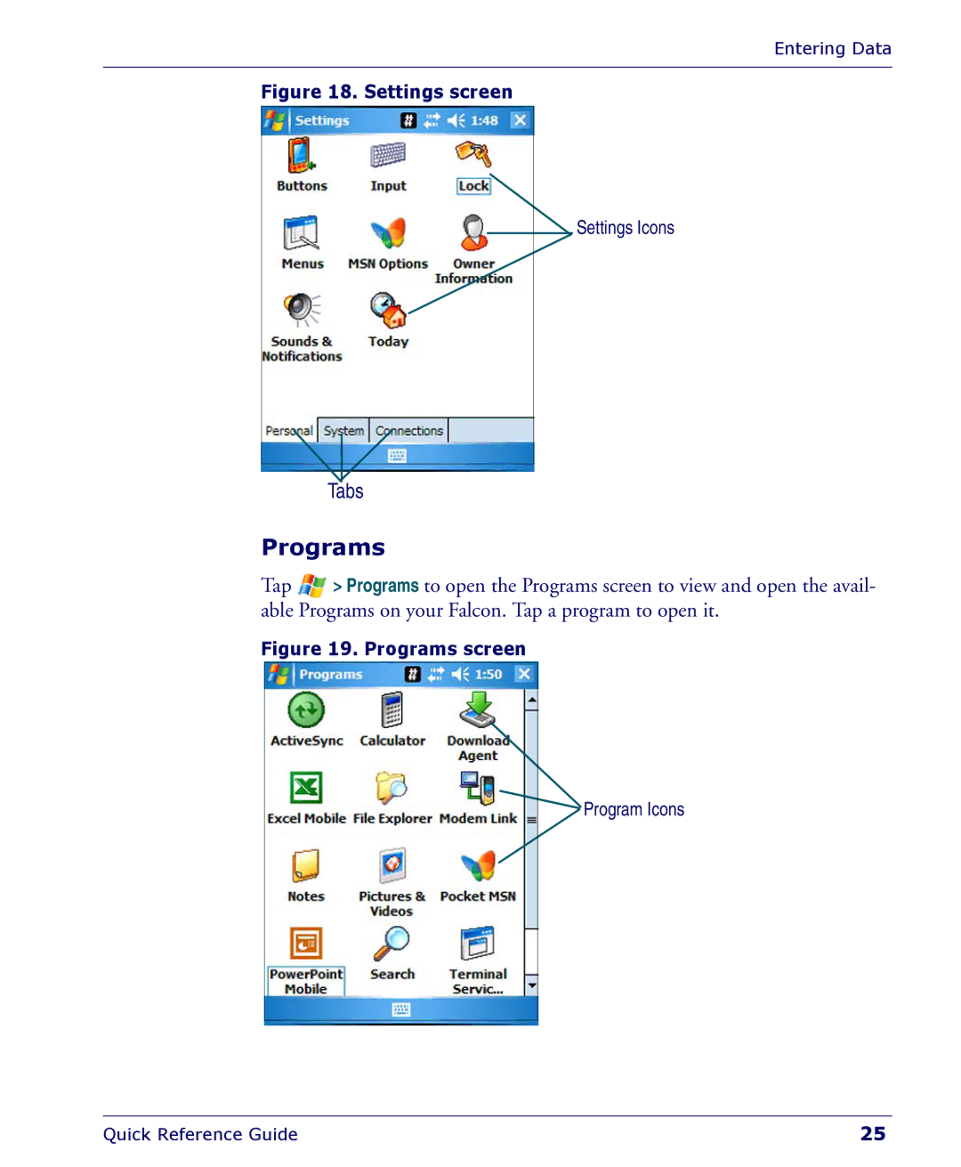 Falcon 4400 manual Programs, Settings screen 