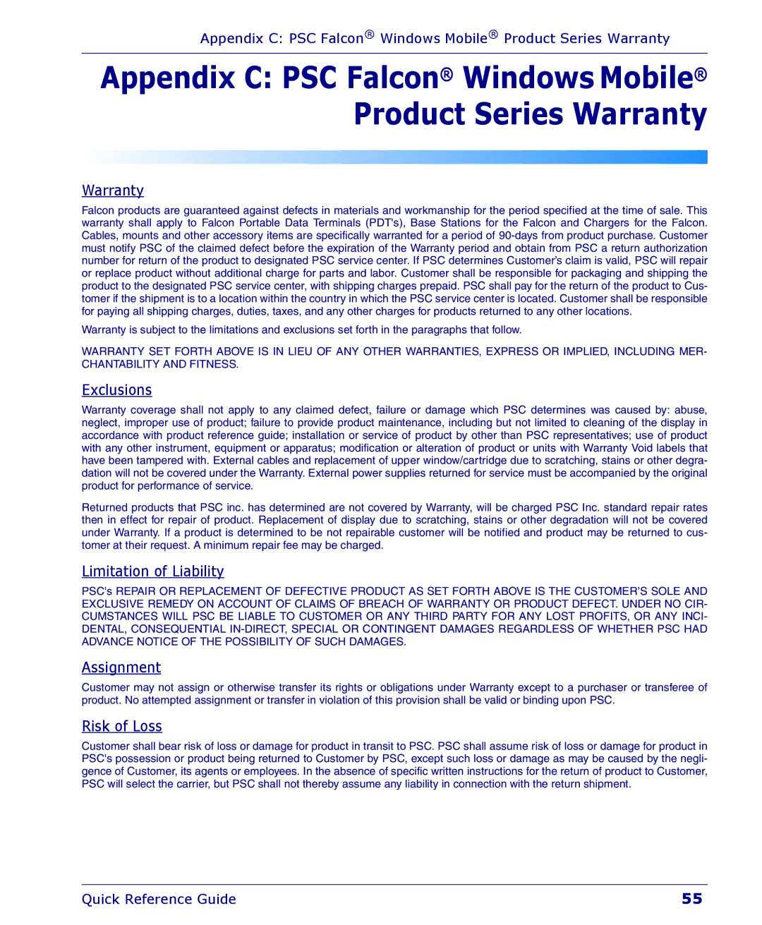 Falcon 4400 manual Appendix C PSC Falcon Windows Mobile Product Series Warranty 