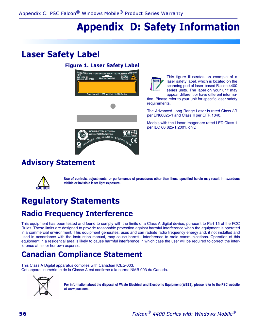 Falcon 4400 manual Laser Safety Label, Regulatory Statements, Advisory Statement 