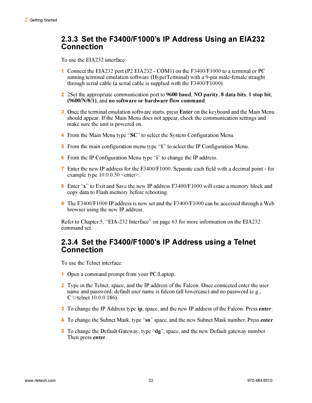 Falcon manual Set the F3400/F1000’s IP Address Using an EIA232 Connection 