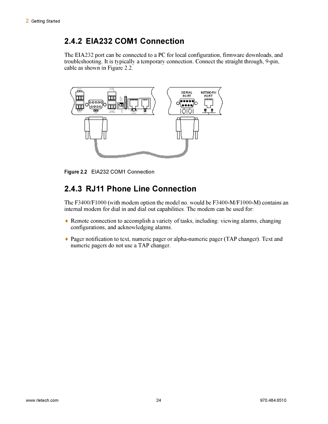 Falcon F1000, F3400 manual 2 EIA232 COM1 Connection, 3 RJ11 Phone Line Connection 