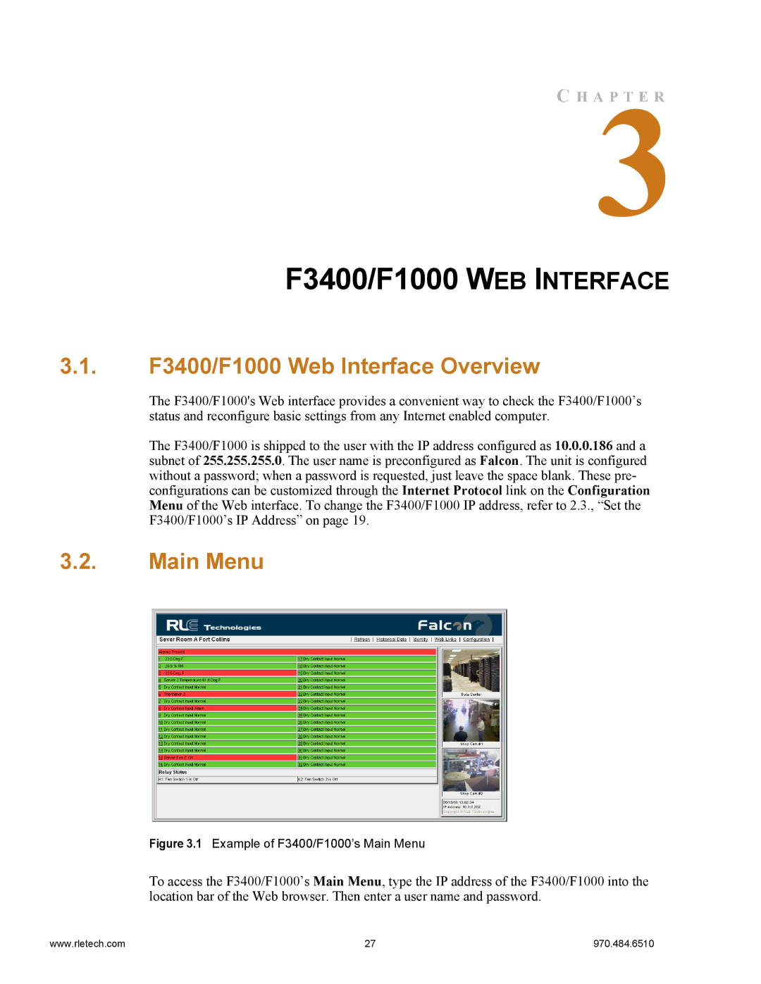 Falcon manual F3400/F1000 Web Interface Overview, Main Menu 