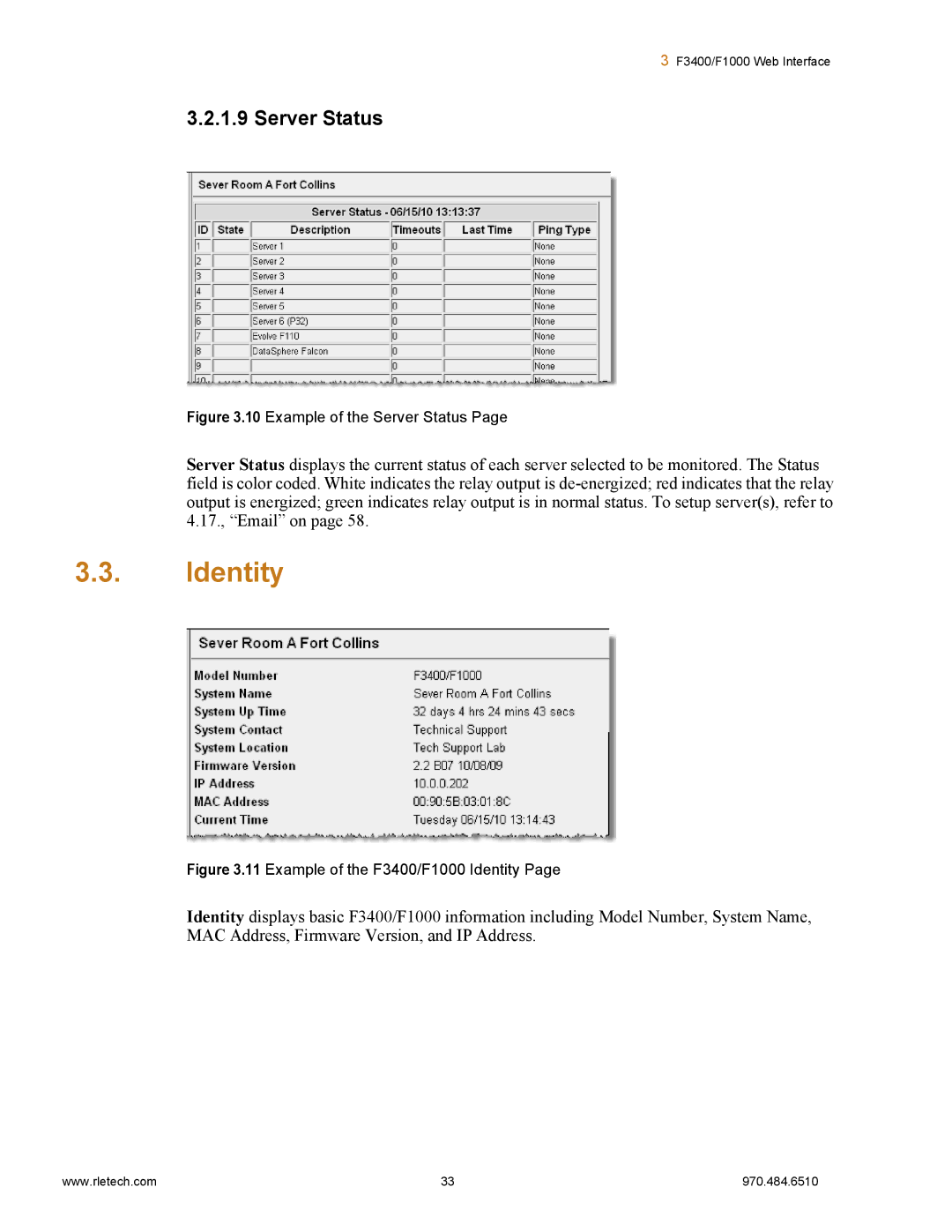 Falcon F3400, F1000 manual Identity, Server Status 