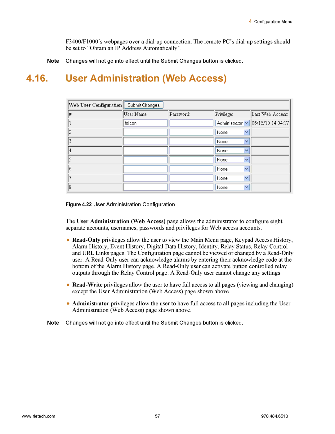 Falcon F3400, F1000 manual User Administration Web Access, User Administration Configuration 