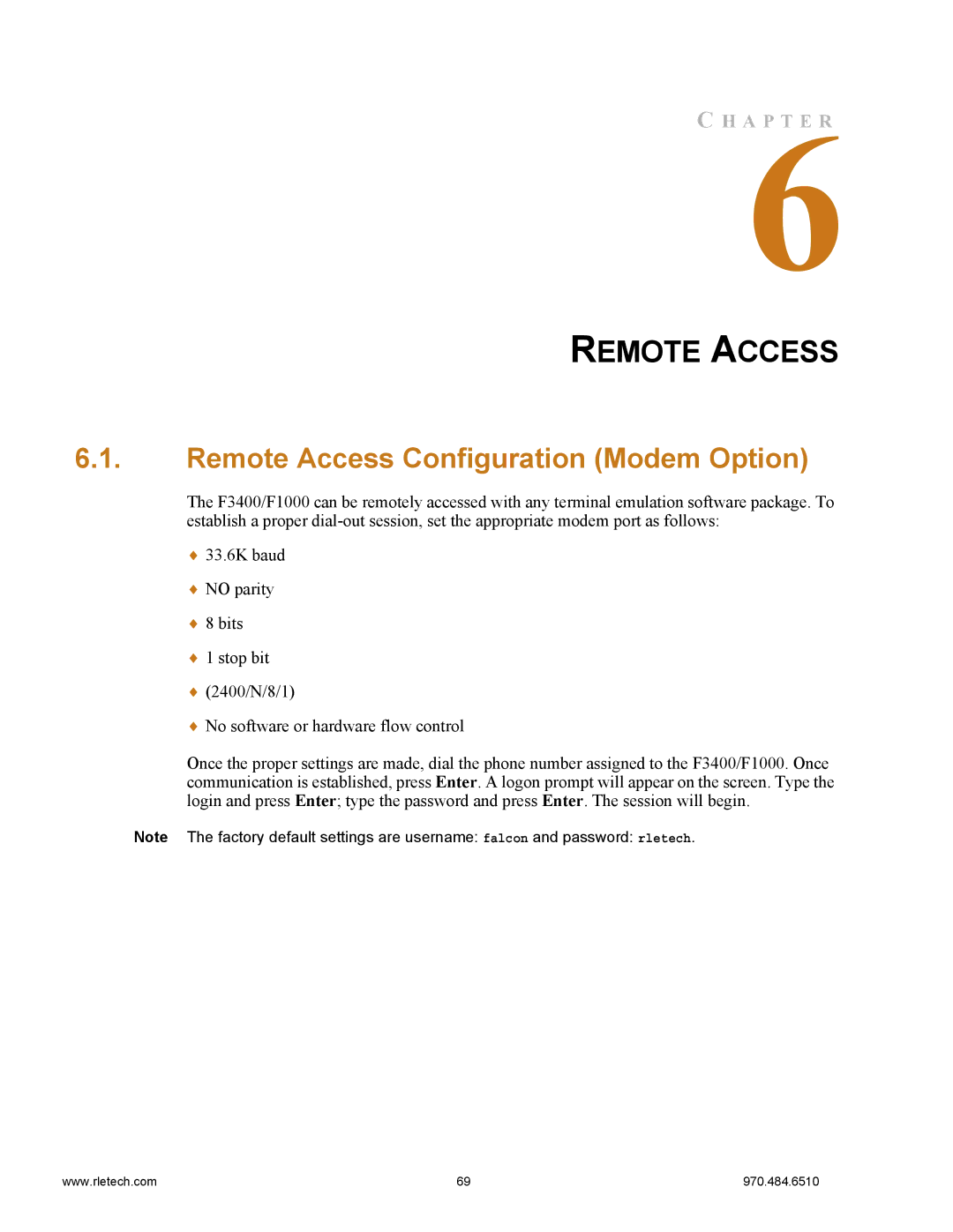 Falcon F3400, F1000 manual Remote Access Configuration Modem Option 